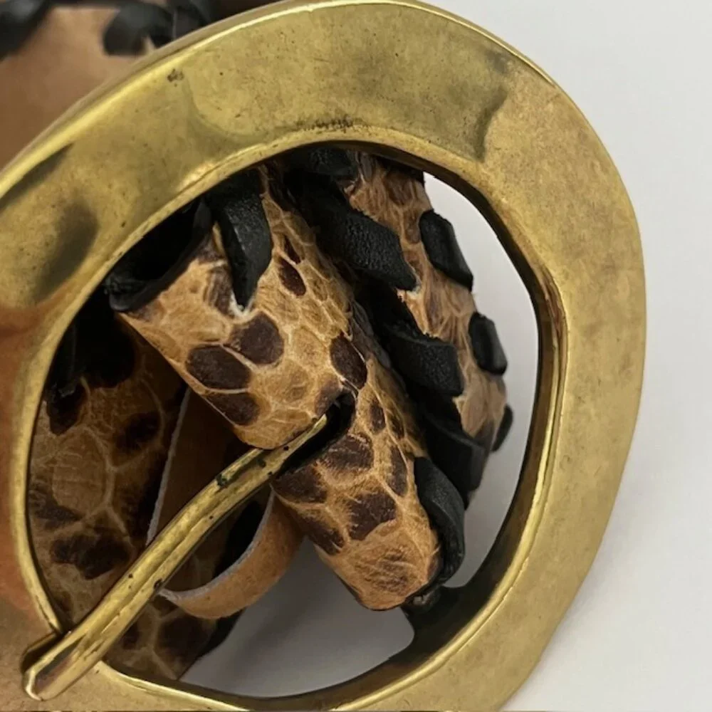 Leather Belt Snakeskin Print Tan Brown Black Gold Tone Buckle Size Large